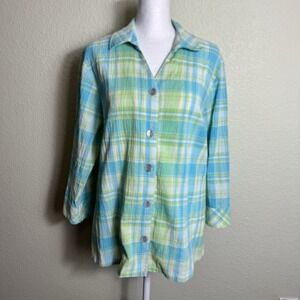 TOG Shop Women's Top Size PL 3/4 Sleeves Plaid Green Yellow Blue Button Front